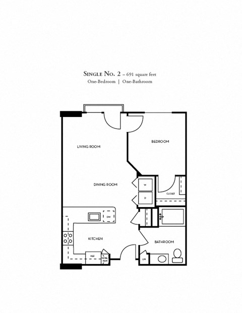 Floor plan for 1 bed, 1 bath, 691 sqft
